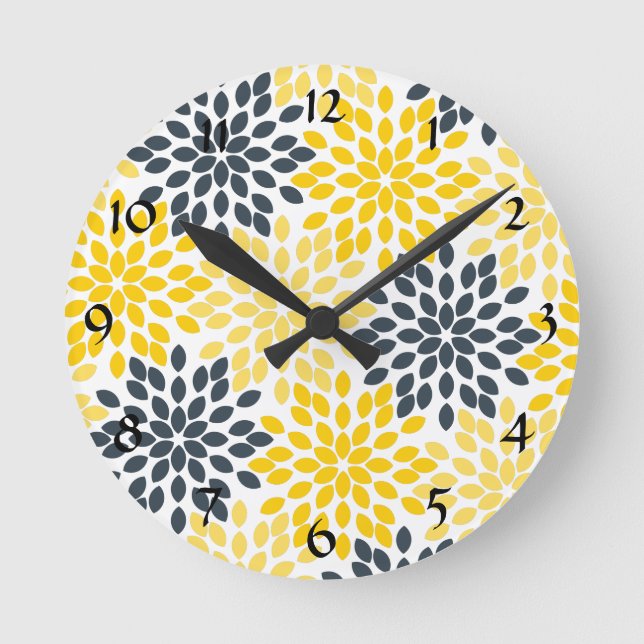 Personalized Yellow, Gray Charcoal Modern Floral Round Clock (Front)