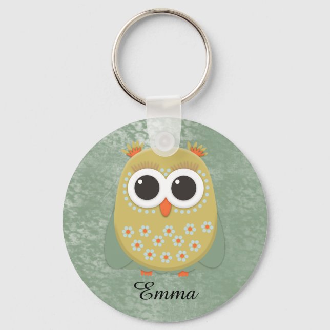 Personalized Yellow Green Blue Orange Owl on Green Keychain (Front)