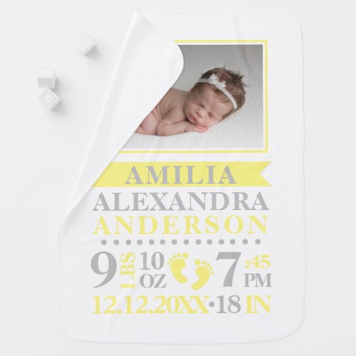 Personalized Yellow Grey Baby Birth Stats PHOTO Baby Blanket