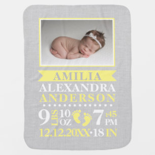 Personalized Yellow Grey Baby Birth Stats PHOTO Blanket