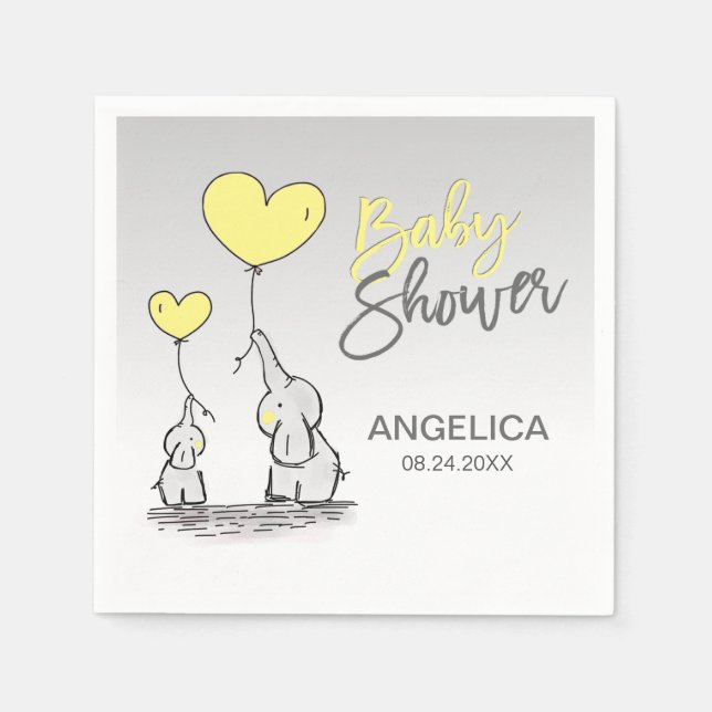 Personalized YELLOW Grey Elephant Mom Baby Shower Napkins (Front)