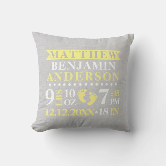 Personalized Yellow Grey White BABY Unisex Nursery Throw Pillow (Front)