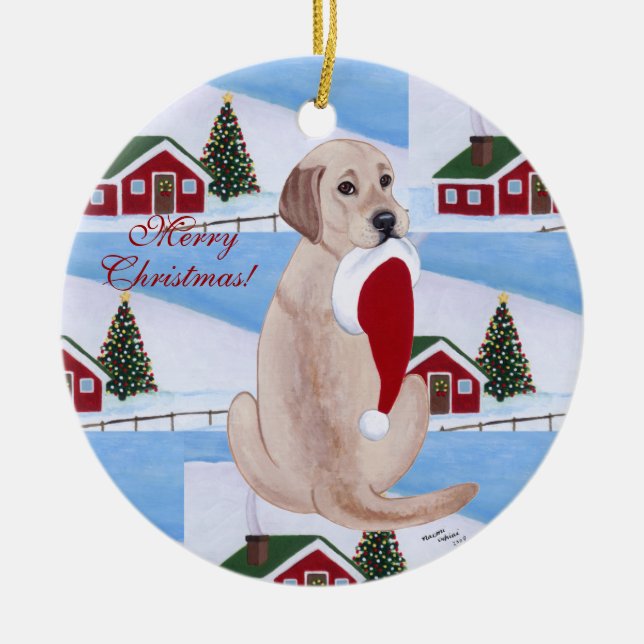 Personalized Yellow Lab Christmas Santa Hat Ceramic Ornament (Front)