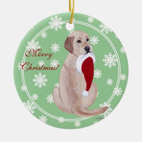 Personalized Yellow Lab Christmas Santa Hat Ceramic Ornament