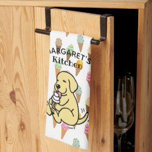 Personalized Yellow Lab Licking Ice Cream Kitchen Towel
