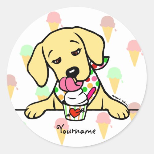 Personalized Yellow Lab Puppy Ice Cream Classic Round Sticker