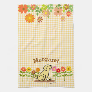 Personalized Yellow Labrador and Many Flowers Kitchen Towel