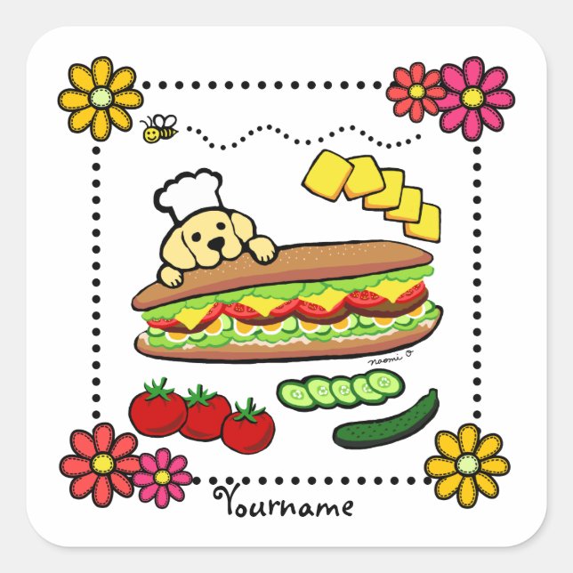 Personalized Yellow Labrador Bakery Cartoon Square Sticker (Front)