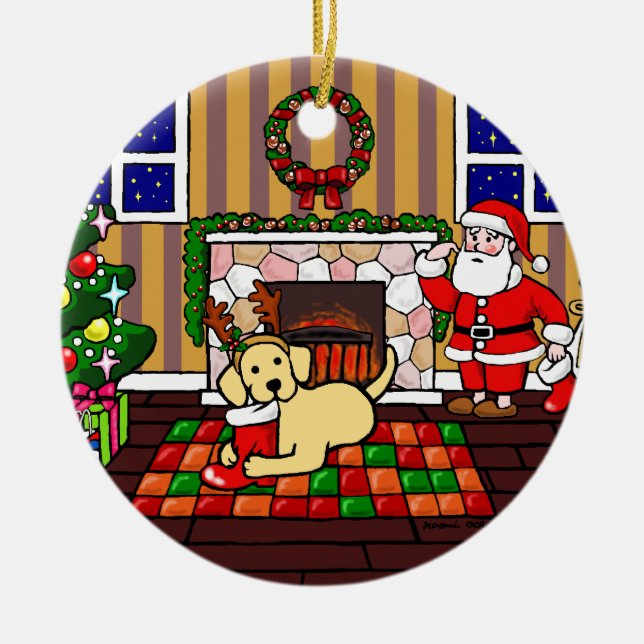 Personalized Yellow Labrador Christmas Cartoon Ceramic Ornament (Front)