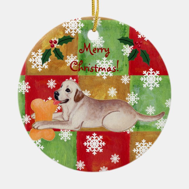 Personalized Yellow Labrador Christmas Mosaic Ceramic Ornament (Front)