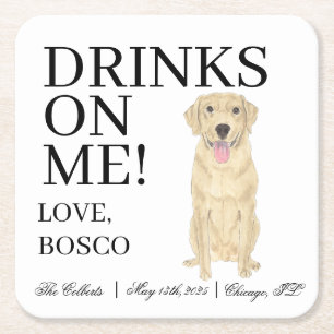 Personalized Yellow Labrador Dog Wedding Square Paper Coaster