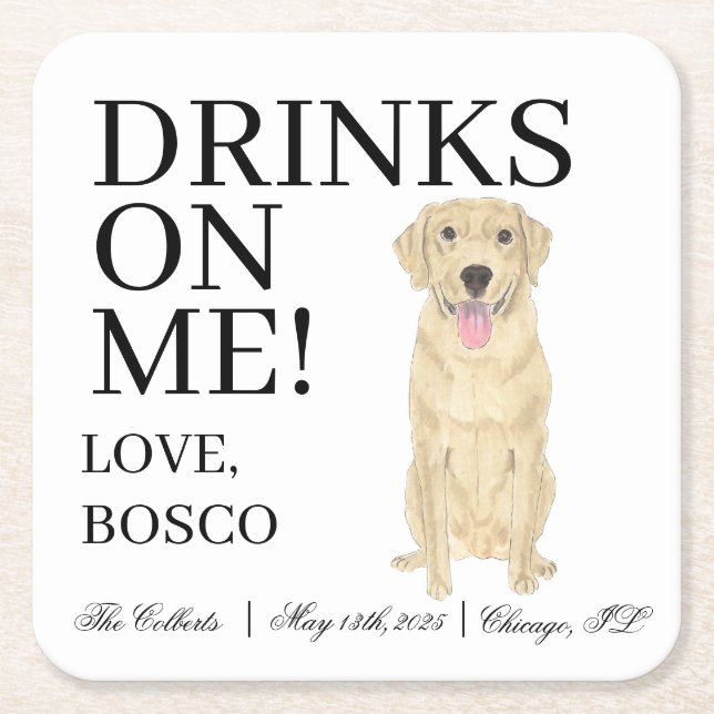 Personalized Yellow Labrador Dog Wedding Square Paper Coaster (Front)