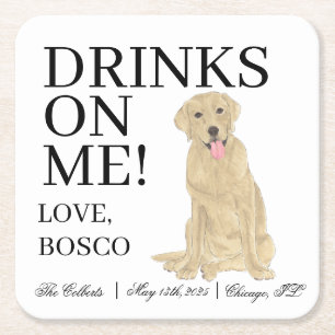 Personalized Yellow Labrador Dog Wedding Square Paper Coaster