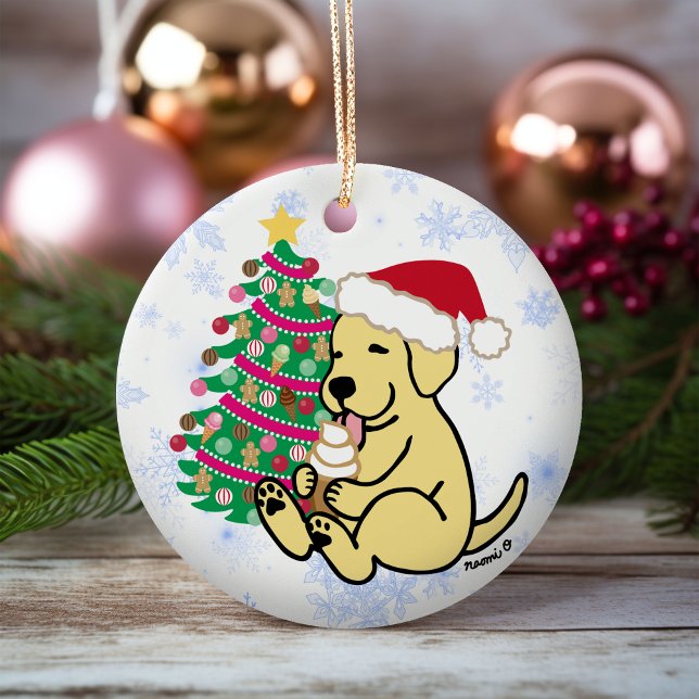 Personalized Yellow Labrador Ice Cream Ceramic Ornament (Personalized Yellow Labrador Ice Cream Christmas Ornament for Yellow Labrador Owners.  Cartoon Style)