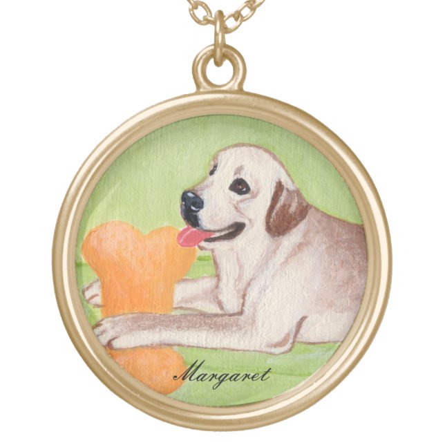 Personalized Yellow Labrador on the Green Couch Gold Plated Necklace (Front)