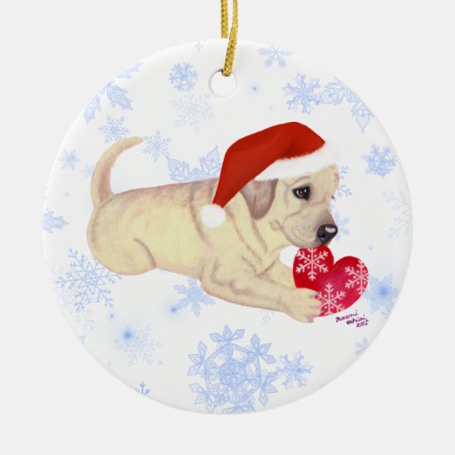 Personalized Yellow Labrador Puppy Santas Hat Ceramic Ornament