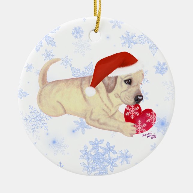 Personalized Yellow Labrador Puppy Santa's Hat Ceramic Ornament (Front)