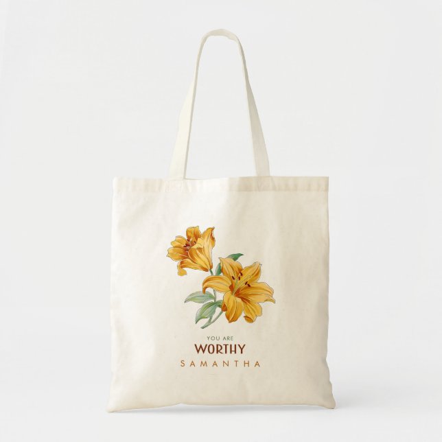 Personalized Yellow Lily Floral motivational Tote Bag (Front)