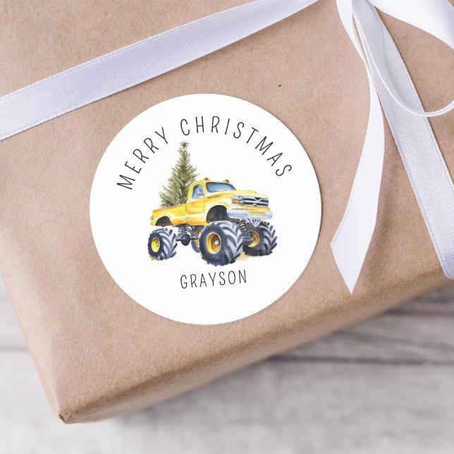 Personalized Yellow Monster Truck Christmas Gift Classic Round Sticker (Creator Uploaded)
