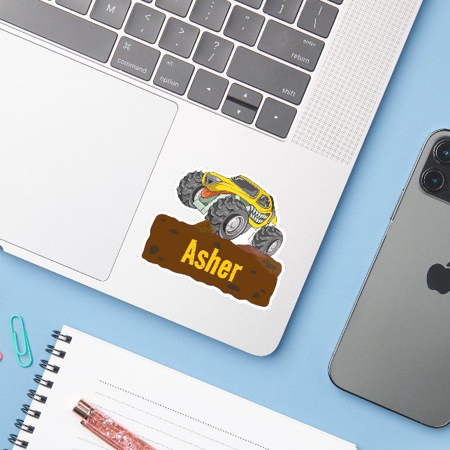 Personalized Yellow Monster Truck Name Labels (Laptop w/ iPhone)