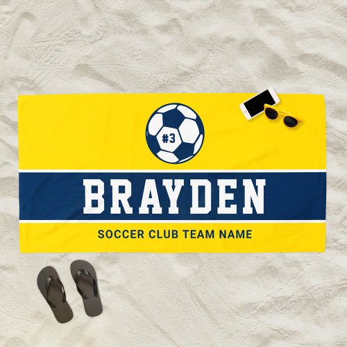 Personalized Yellow Navy Blue Soccer Player Name Beach Towel