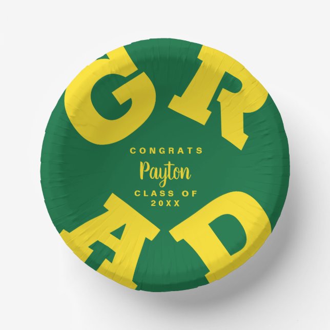 Personalized Yellow on Green Graduation Paper Bowls (Front)