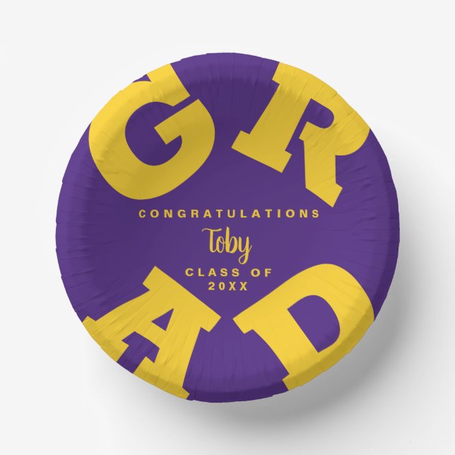 Personalized Yellow on Purple Graduation Paper Bowls (Front)