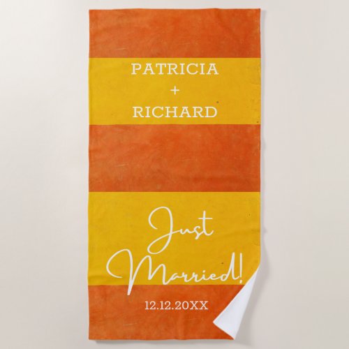 Personalized Yellow Orange Striped Just Married Beach Towel