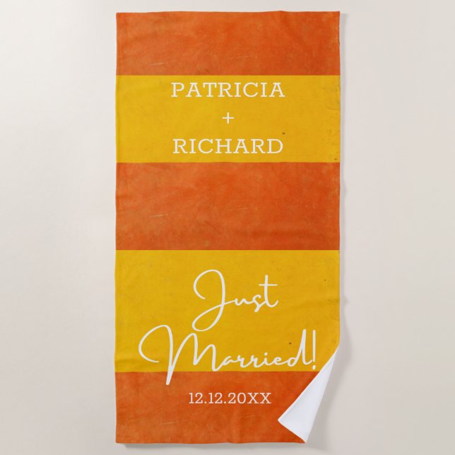 Personalized Yellow Orange Striped Just Married Beach Towel (Front)