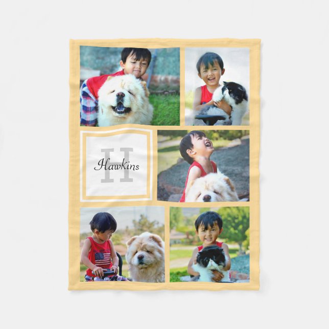 Personalized Yellow Photo Collage Monogrammed Gift Fleece Blanket (Front)
