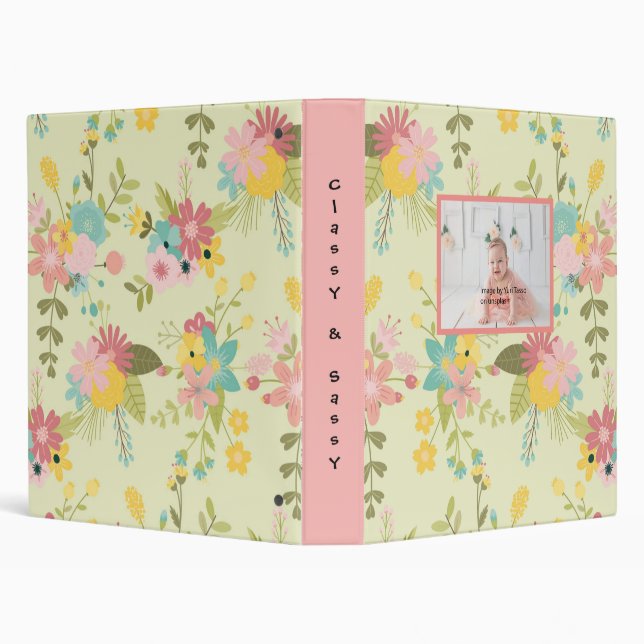 Personalized Yellow Pink Green Florals 3 Ring Binder (Background)