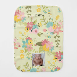 Personalized Yellow Pink Green Florals Baby Burp Cloth