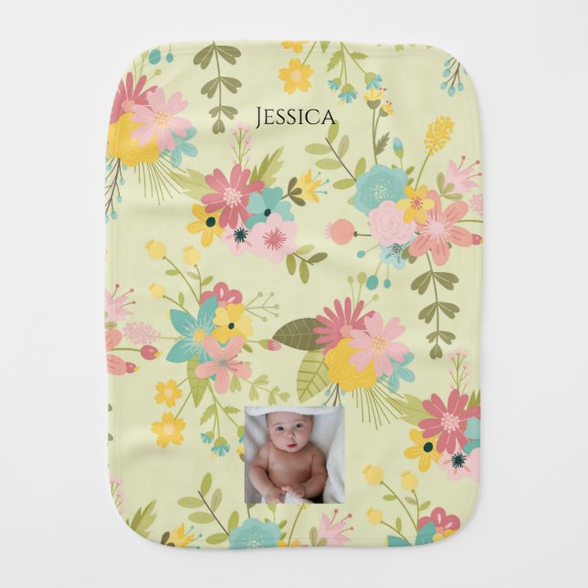Personalized Yellow Pink Green Florals Baby Burp Cloth (Front)