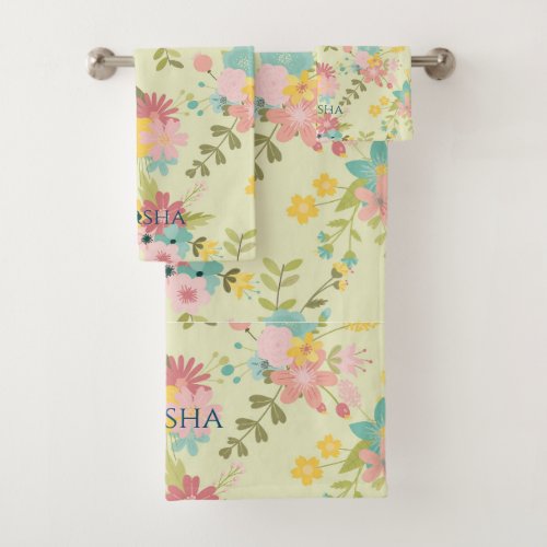 Personalized Yellow Pink Green Florals Bath Towel Set