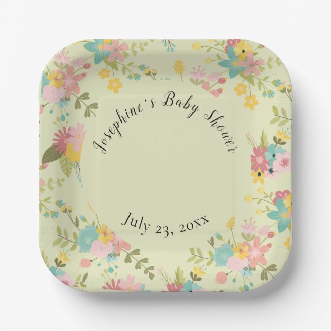 Personalized Yellow Pink Green Florals Paper Plates (Front)