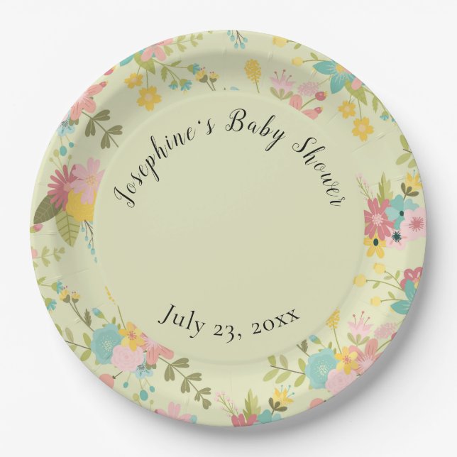 Personalized Yellow Pink Green Florals Paper Plates (Front)