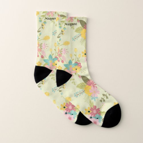 Personalized Yellow Pink Green Florals Socks