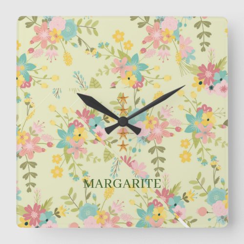 Personalized Yellow Pink Green Florals Square Wall Clock