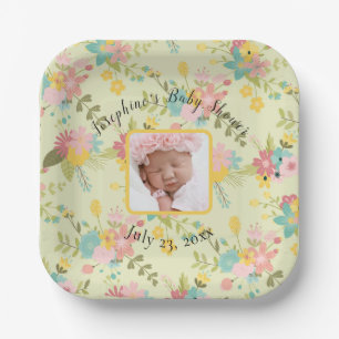 Personalized Yellow Pink Green Florals w/ Image Paper Plates