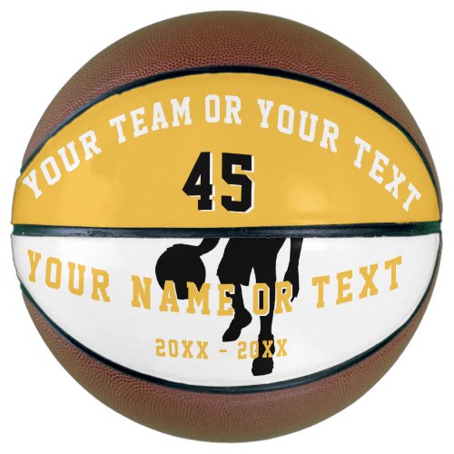 Personalized Yellow Player Silhouette Team Kids Basketball - Personalized Yellow Black Player Silhouette Team Name Kids Basketball. Custom basketball ball with a black basketball player silhouette and custom text in yellow, black and white colors. Personalize the ball with a team name, player`s number, player`s name and year - change any text on the ball with yours if you want. A great keepsake to remember the favorite sports and a perfect gift for a basketball player, teammates, coach, your friends and family.