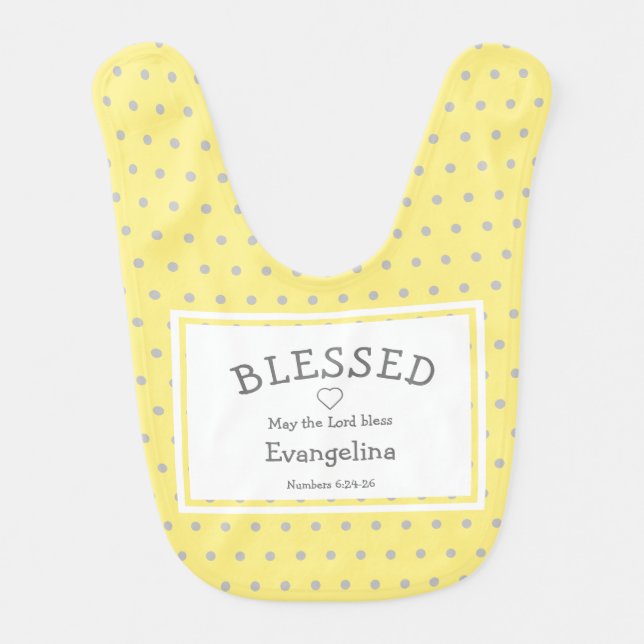 Personalized Yellow Polka Dot Christian Baby Bib (Front)