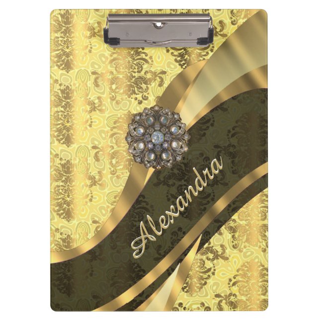 Personalized yellow pretty girly damask pattern clipboard (Front)