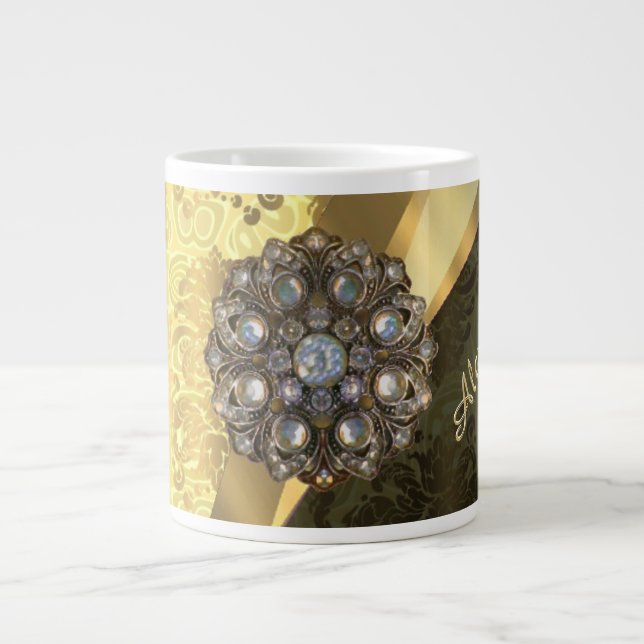 Personalized yellow pretty girly damask pattern large coffee mug (Front)
