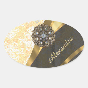 Personalized yellow pretty girly damask pattern oval sticker