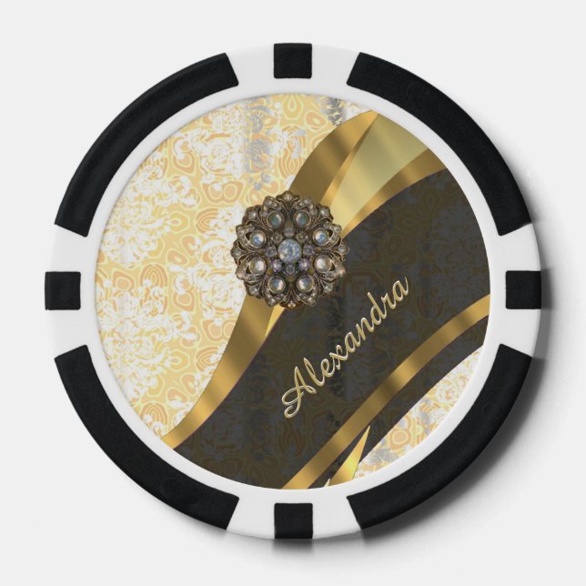 Personalized yellow pretty girly damask pattern poker chips (Front)