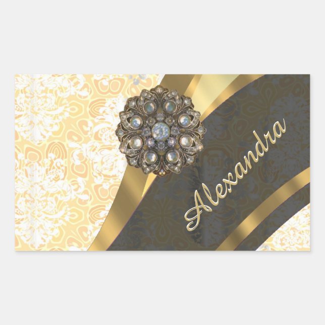 Personalized yellow pretty girly damask pattern rectangular sticker (Front)