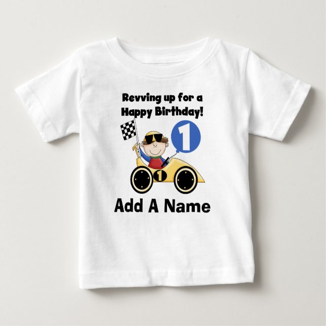 Personalized Yellow Race Car 1st Birthday Tshirt (Front)