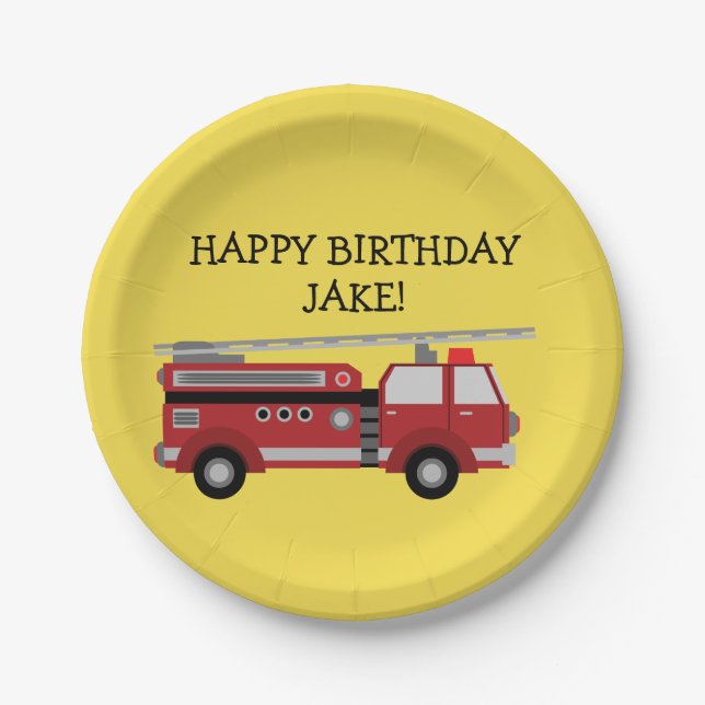 Personalized Yellow Red Firetruck Birthday Party Paper Plates (Front)