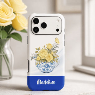 Personalized Yellow Rose Blue and White Teapot iPhone 17 Pro Max Case