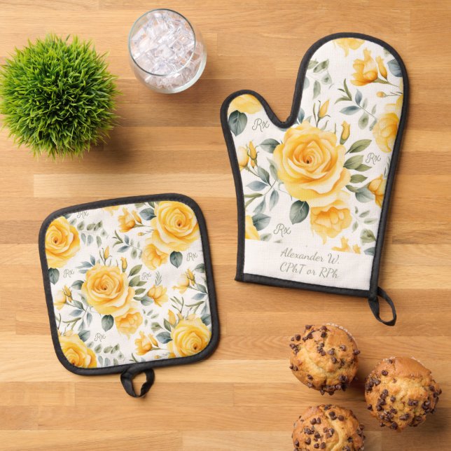 Personalized Yellow Rose & RX Pharmacy Oven Mitt & Pot Holder Set (Top Down)